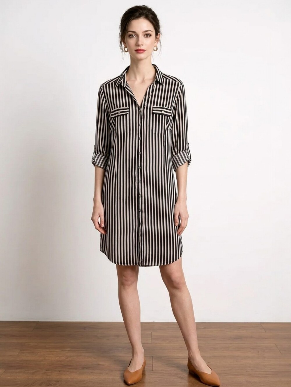 Mlle Gabrielle Women's Shirt Dress 2X Black Gold White Roll Tab Stretch Stripe